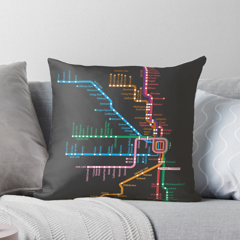 A decorative pillow featuring a detailed map of the Chicago Transit Authority (CTA) train and subway system.