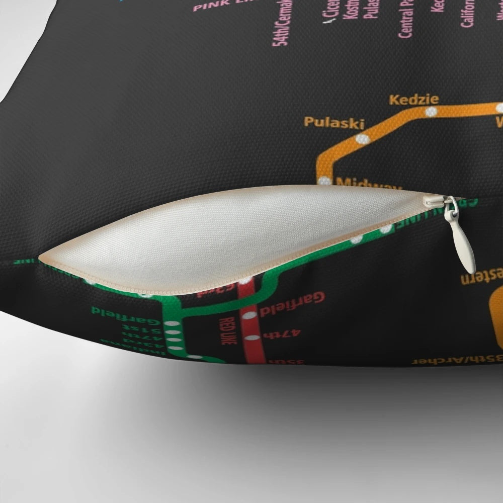 A decorative pillow featuring a detailed map of the Chicago Transit Authority (CTA) train and subway system.