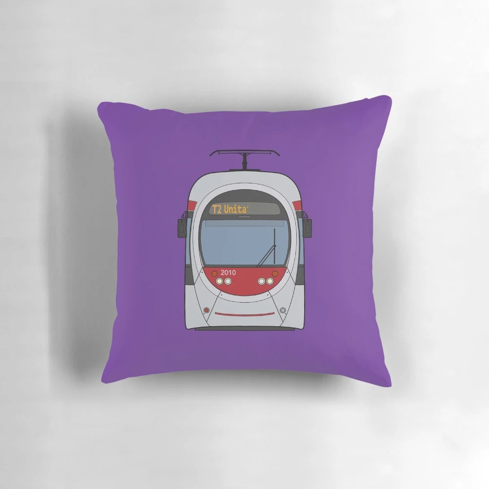Firenze Tram Pillow featuring a vibrant illustration of a classic Italian tram in Florence, Italy