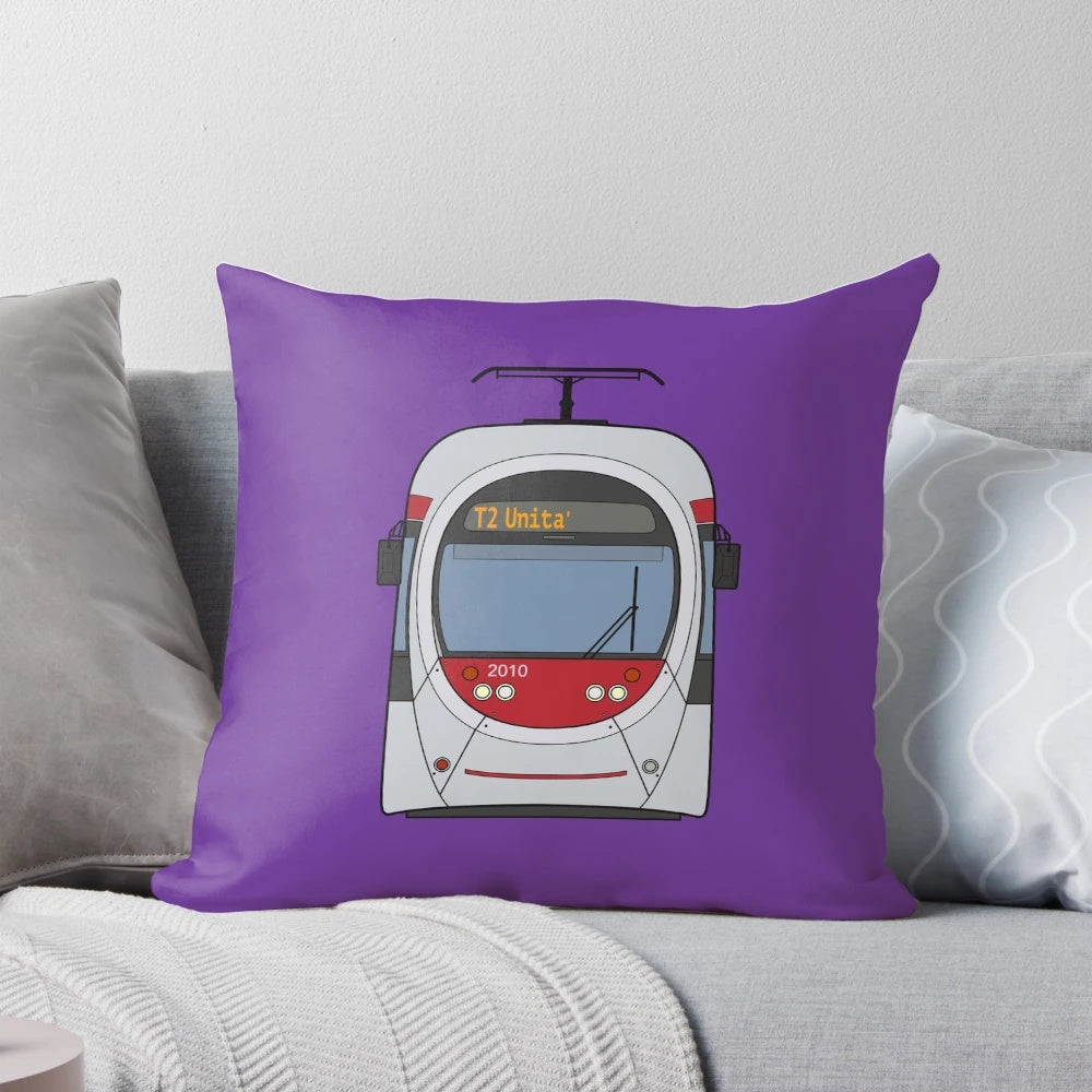 Firenze Tram Pillow featuring a vibrant illustration of a classic Italian tram in Florence, Italy