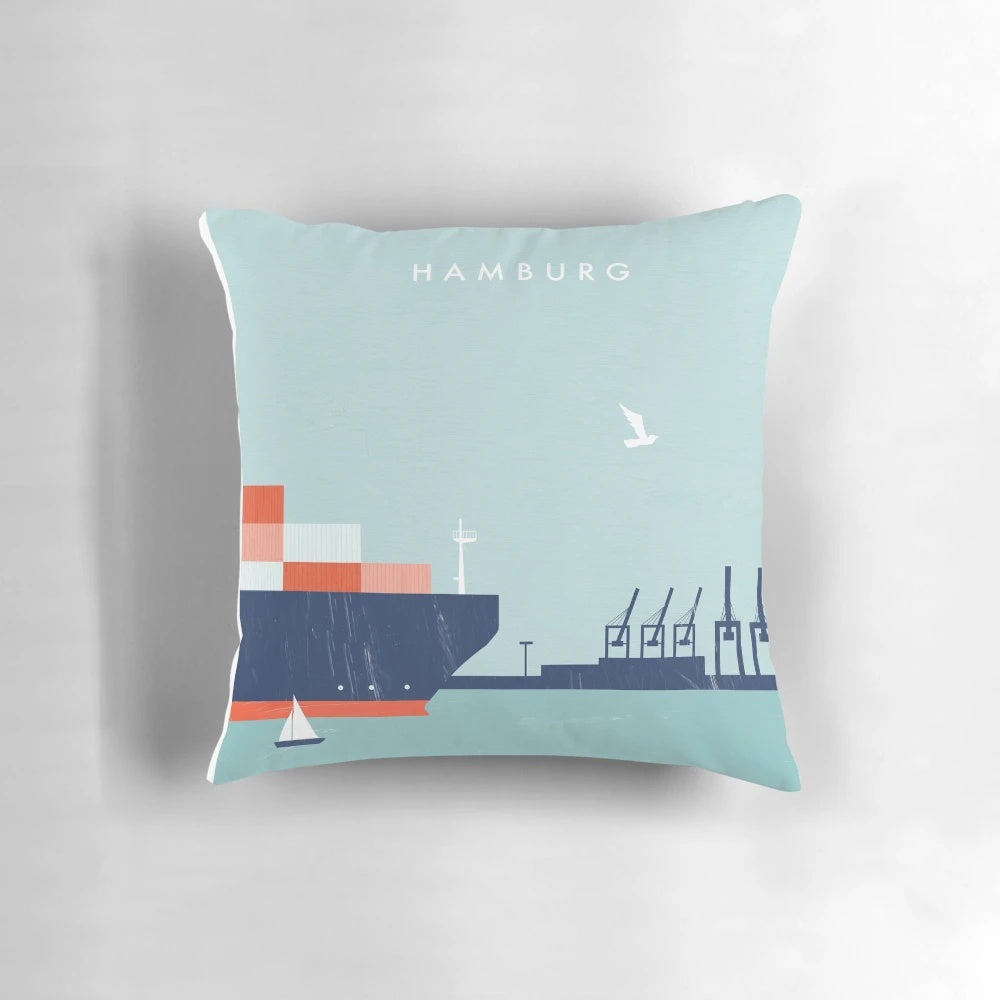 Hamburg Travel Poster Pillow featuring the iconic port city and its vibrant culture