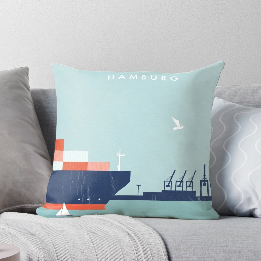Hamburg Travel Poster Pillow featuring the iconic port city and its vibrant culture