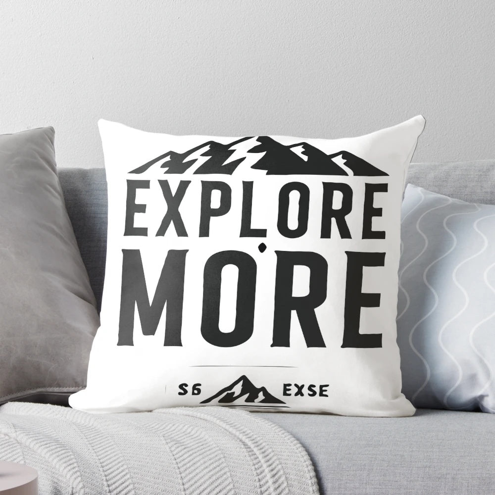 Thirst for adventure and mountains pillow with nature and explorer imagery