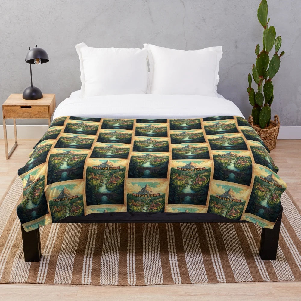 Stardew Valley inspired plush blanket featuring a retro travel poster design of Pelican Town
