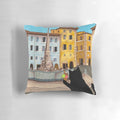 Decorative pillow featuring a cute cat exploring Rome and the Piazza with gelato