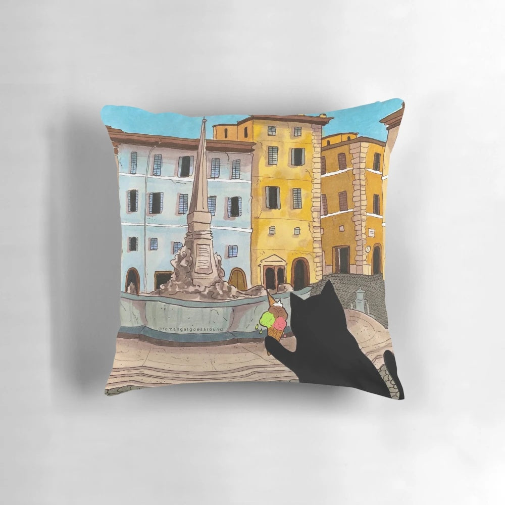 Decorative pillow featuring a cute cat exploring Rome and the Piazza with gelato