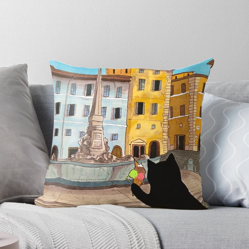 Decorative pillow featuring a cute cat exploring Rome and the Piazza with gelato