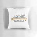 Black and gold hand lettered "Adventure Awaits" pillow