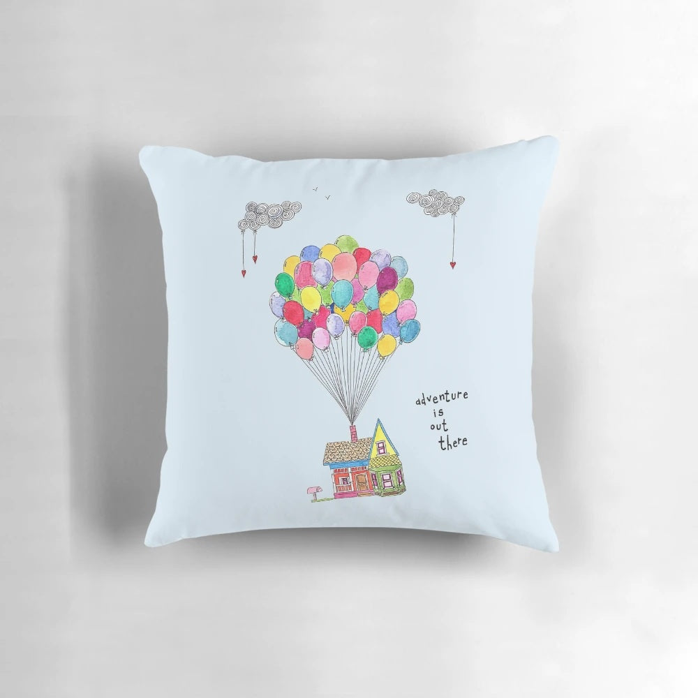 "Up" inspired travel pillow with a house and balloons design