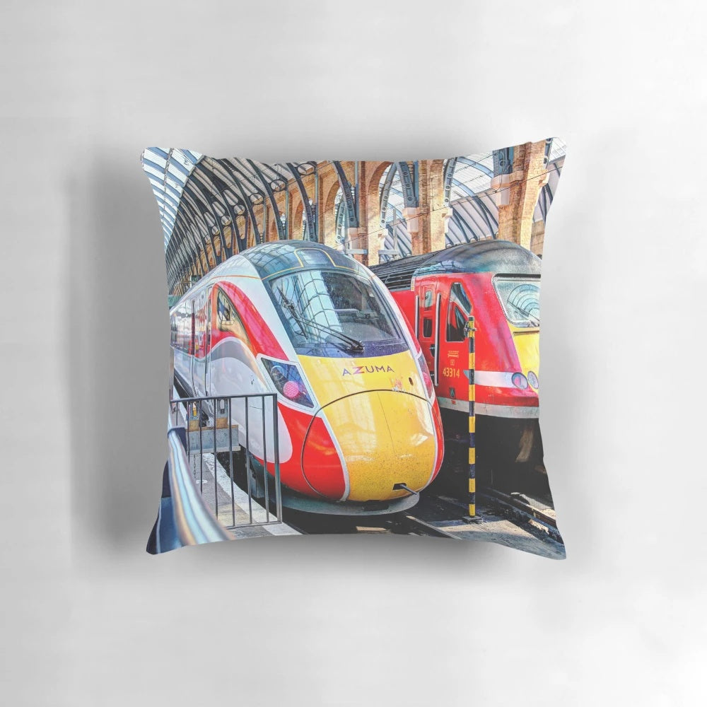 Decorative pillow featuring the iconic architecture of King's Cross Station in London
