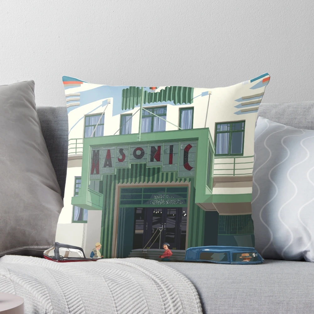 Striking Art Deco facade of the Masonic Hotel in Napier, New Zealand