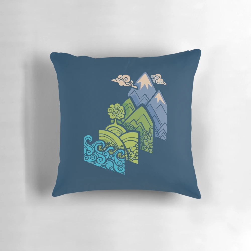A beautiful blue pillow featuring a serene landscape design, perfect for outdoor enthusiasts and nature lovers.