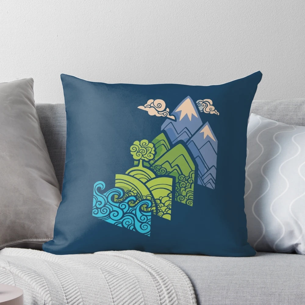 A beautiful blue pillow featuring a serene landscape design, perfect for outdoor enthusiasts and nature lovers.