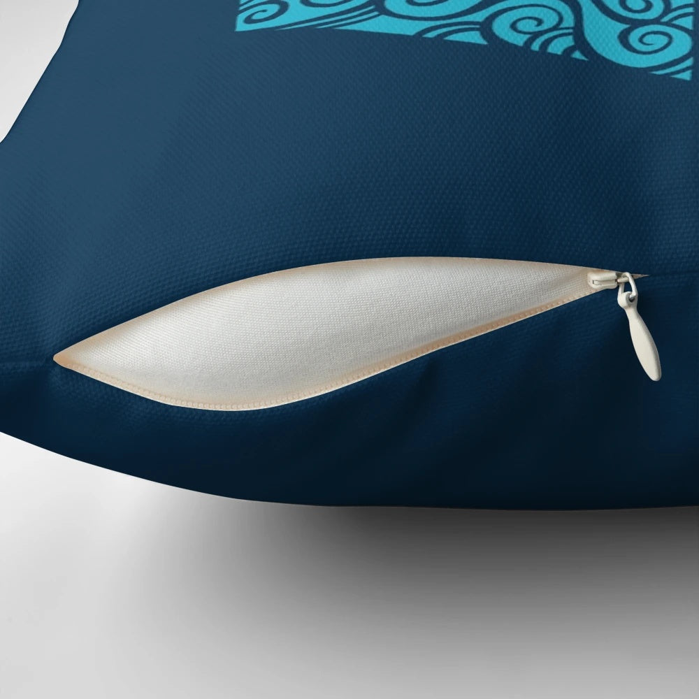 A beautiful blue pillow featuring a serene landscape design, perfect for outdoor enthusiasts and nature lovers.