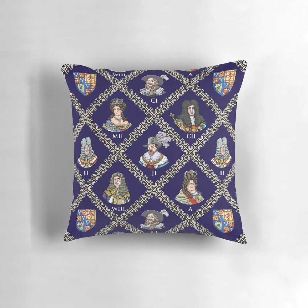 A decorative pillow featuring the Stuart dynasty of Great Britain and key historical figures like Charles I, Charles II, and James II.