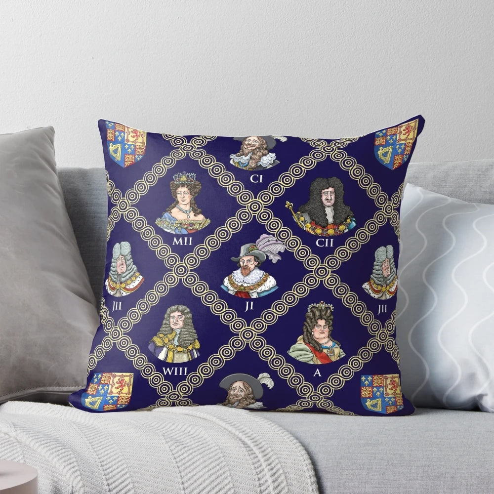 A decorative pillow featuring the Stuart dynasty of Great Britain and key historical figures like Charles I, Charles II, and James II.