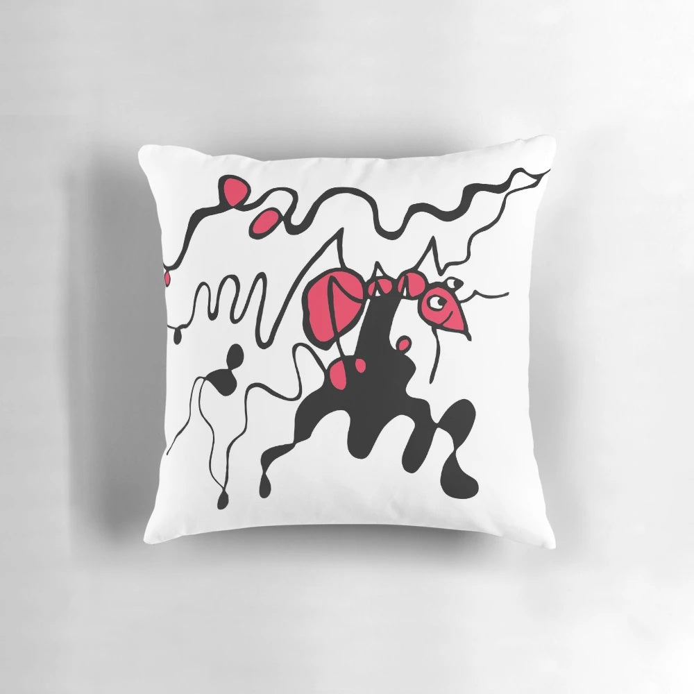 An artistic pillow featuring a detailed illustration of an ant on a dynamic journey.