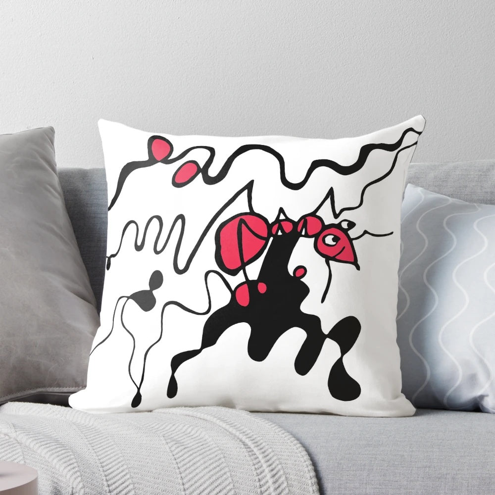 An artistic pillow featuring a detailed illustration of an ant on a dynamic journey.