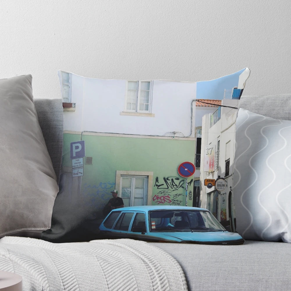 Portugal Pillow POD featuring a scenic blue road and old town buildings