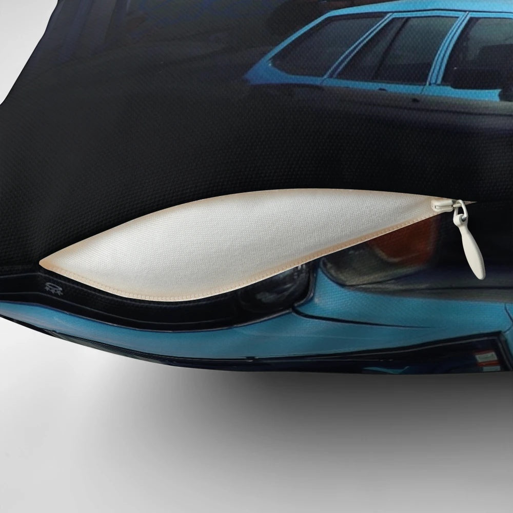 Portugal Pillow POD featuring a scenic blue road and old town buildings