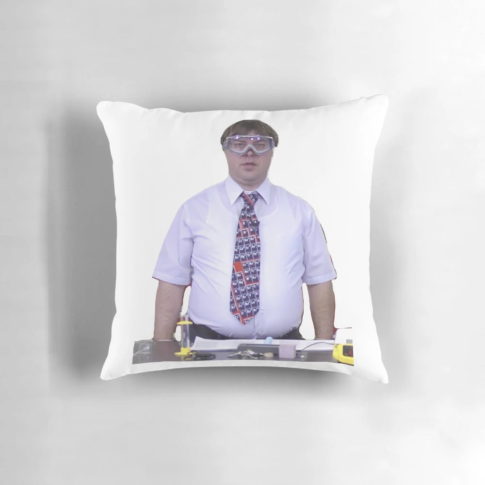 A plush pillow featuring a smiling man wearing goggles, representing the University of Wisconsin's chemistry lab.