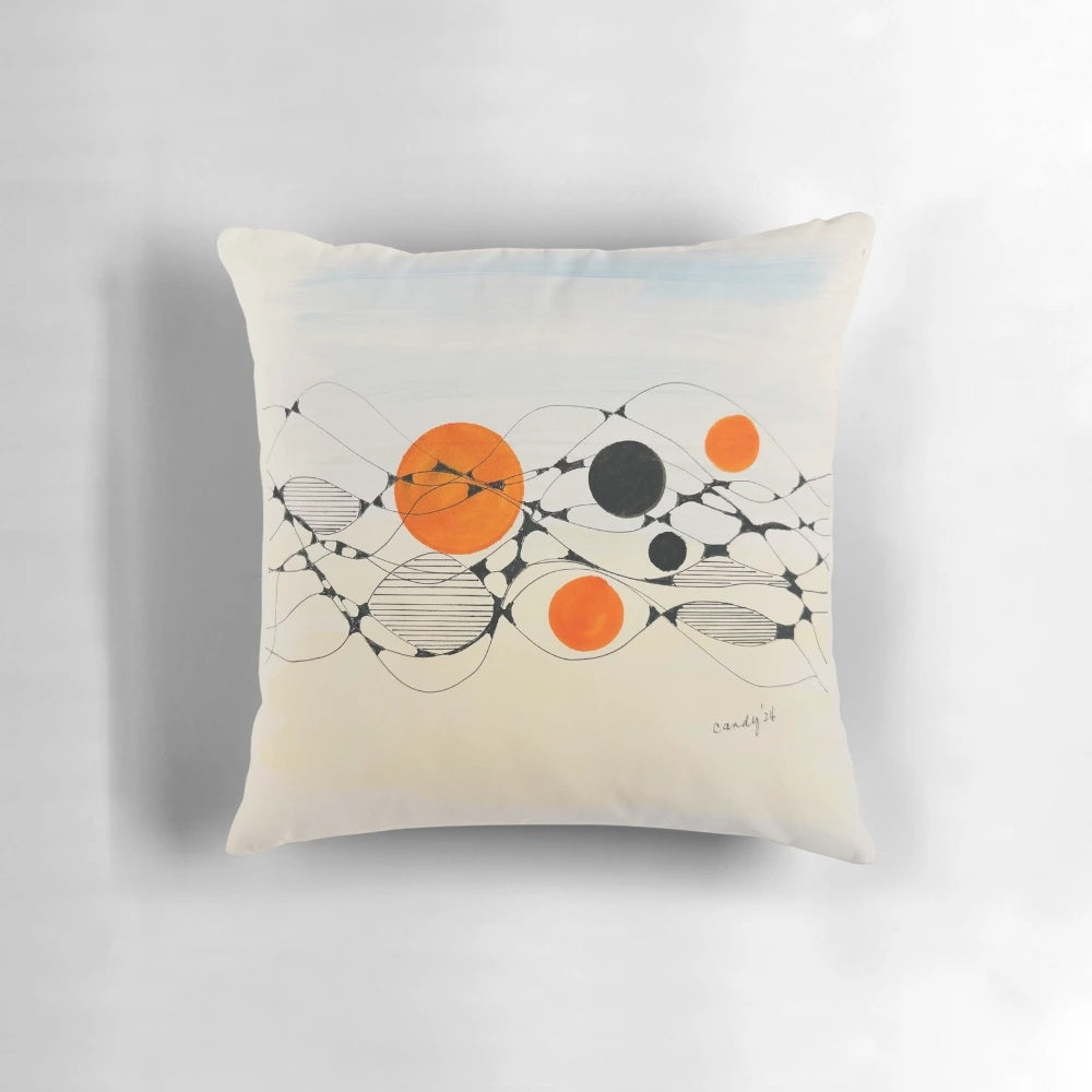 Throw pillow featuring a reimagined design of planets and moons in a cosmic landscape
