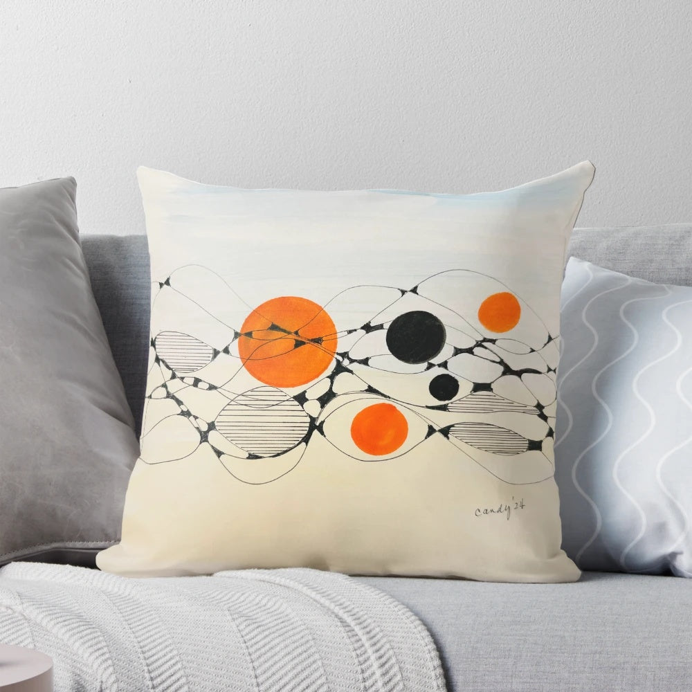 Throw pillow featuring a reimagined design of planets and moons in a cosmic landscape