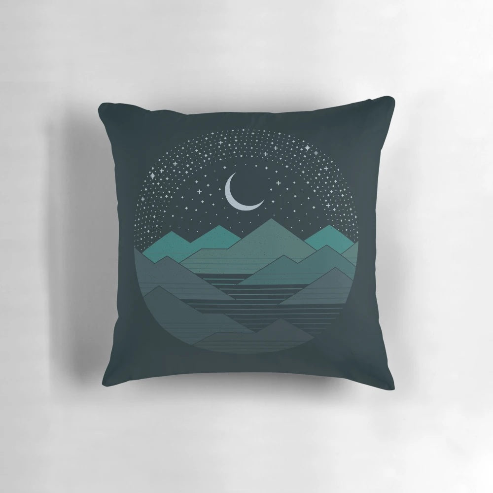 Between the Mountains and the Stars Pillow featuring a minimalist design of mountains and stars against a night sky