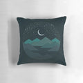 Between the Mountains and the Stars Pillow featuring a minimalist design of mountains and stars against a night sky