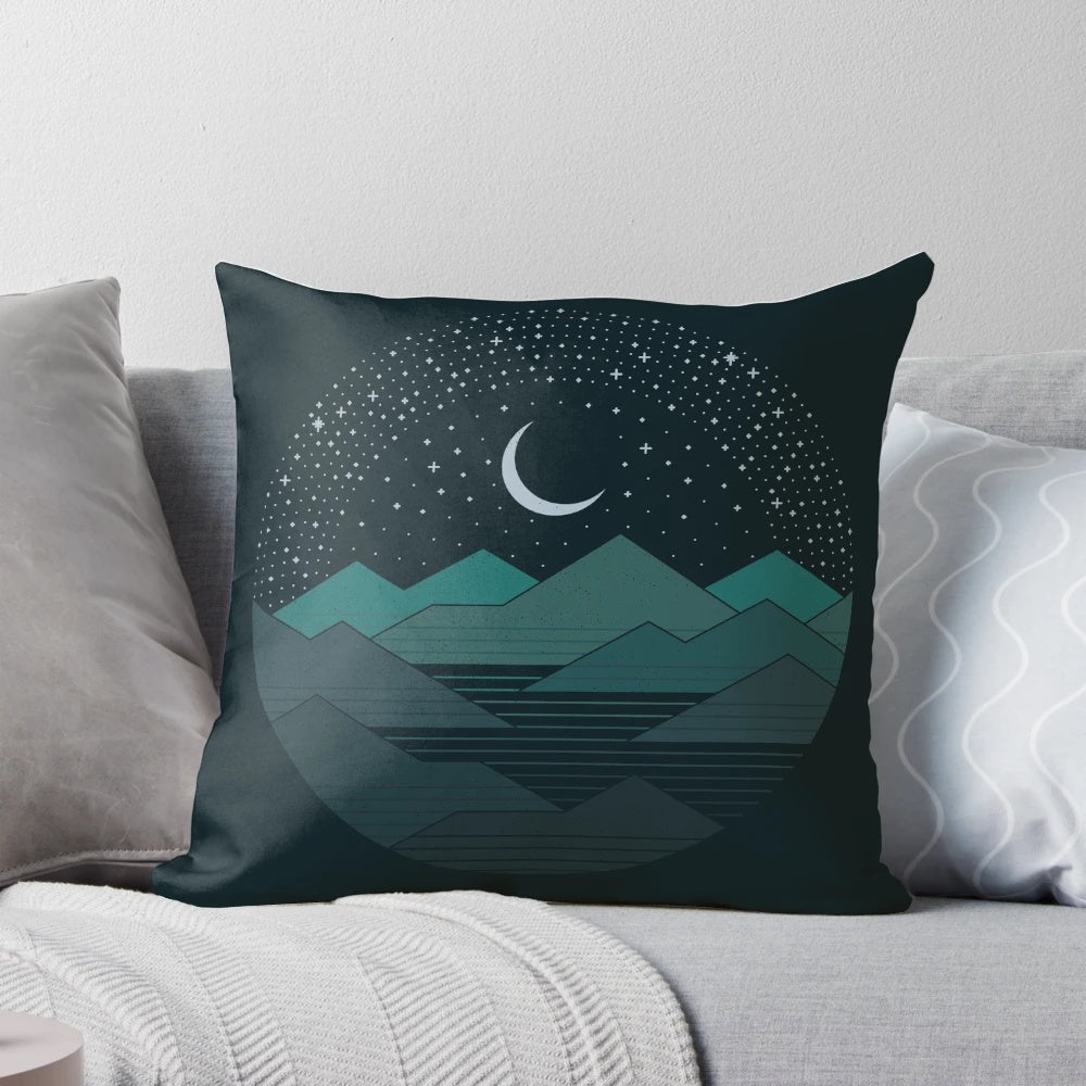Between the Mountains and the Stars Pillow featuring a minimalist design of mountains and stars against a night sky