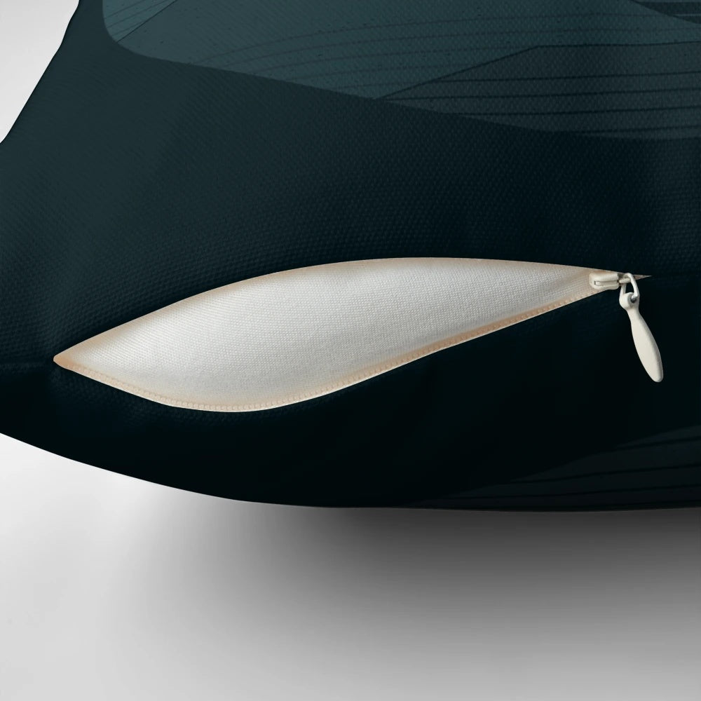 Between the Mountains and the Stars Pillow featuring a minimalist design of mountains and stars against a night sky