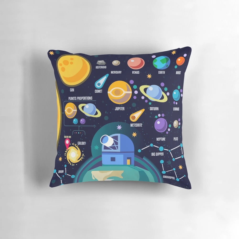 Vibrant and visually stunning space-themed pillow featuring planets, stars, and the Big Bang