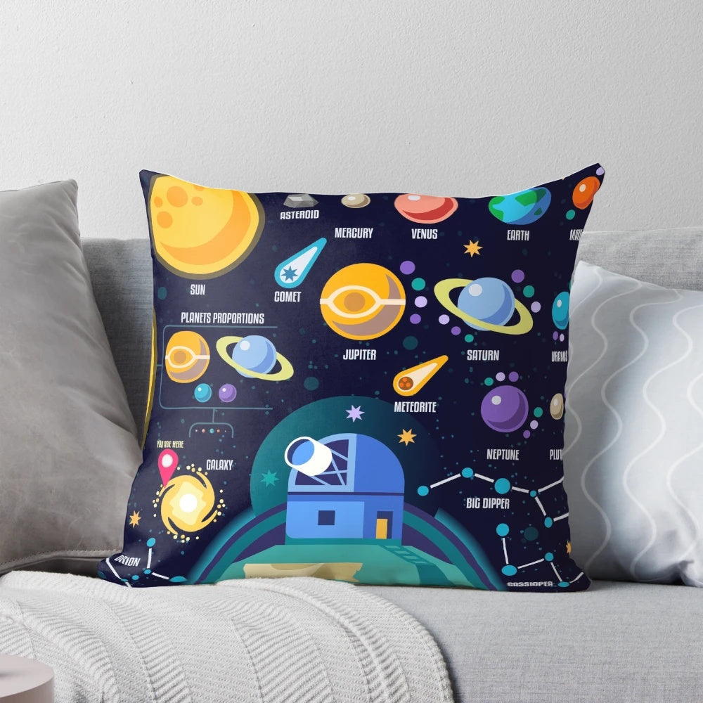 Vibrant and visually stunning space-themed pillow featuring planets, stars, and the Big Bang