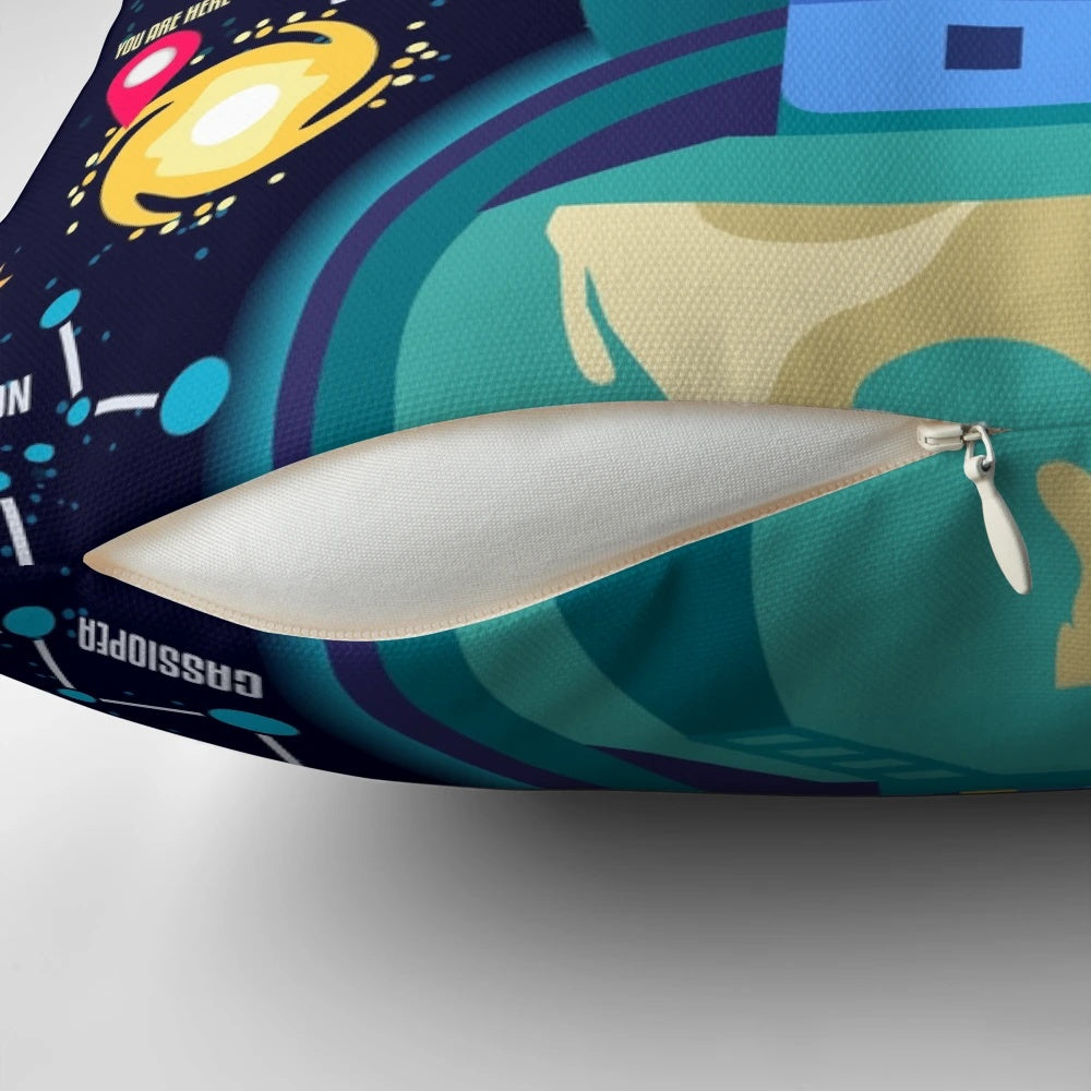 Vibrant and visually stunning space-themed pillow featuring planets, stars, and the Big Bang