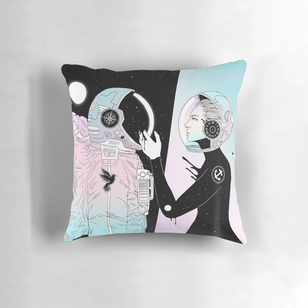 Soft, inviting pillow featuring a space-themed design with planets, stars, and celestial elements.