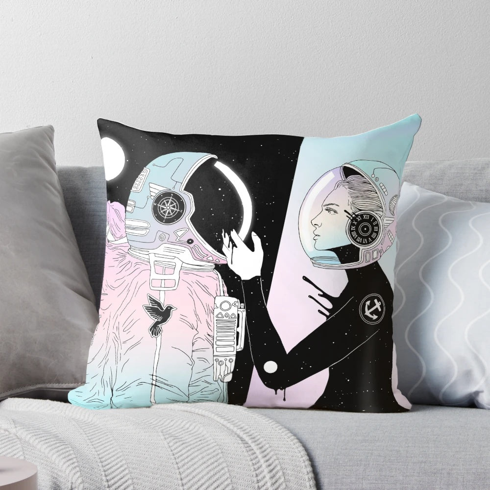 Soft, inviting pillow featuring a space-themed design with planets, stars, and celestial elements.