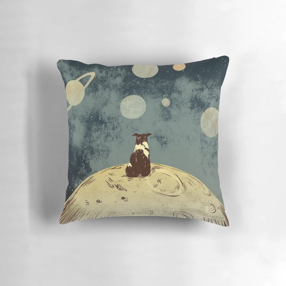 A dog gazing into the vast expanse of space on a comfortable, high-quality pillow.