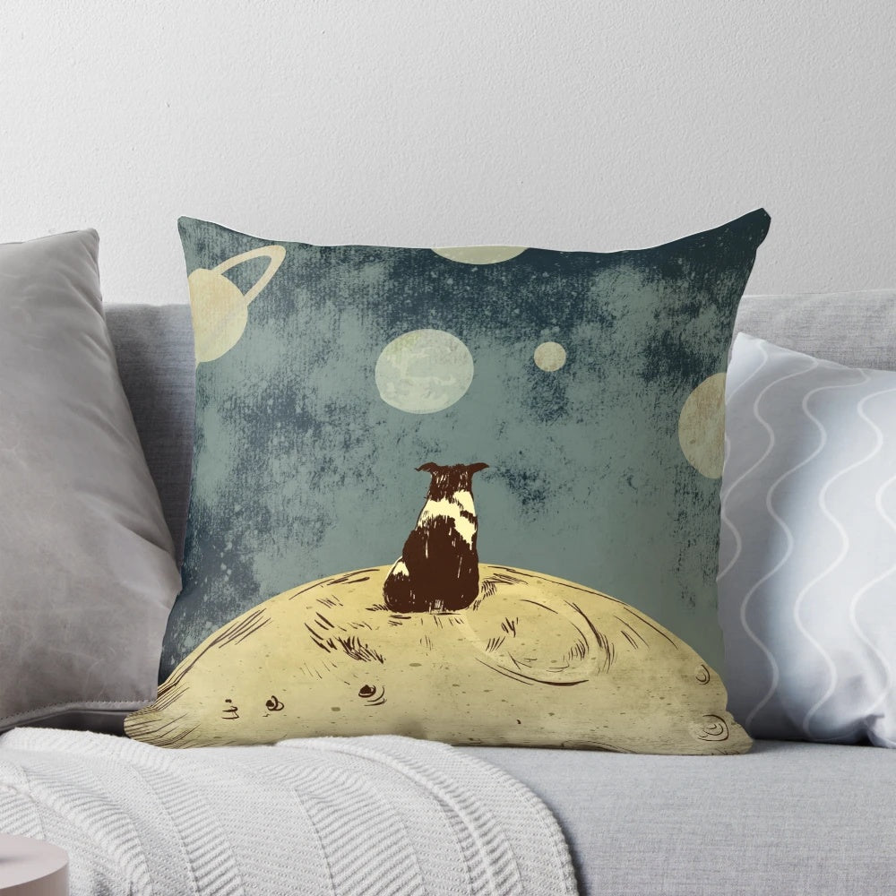 A dog gazing into the vast expanse of space on a comfortable, high-quality pillow.