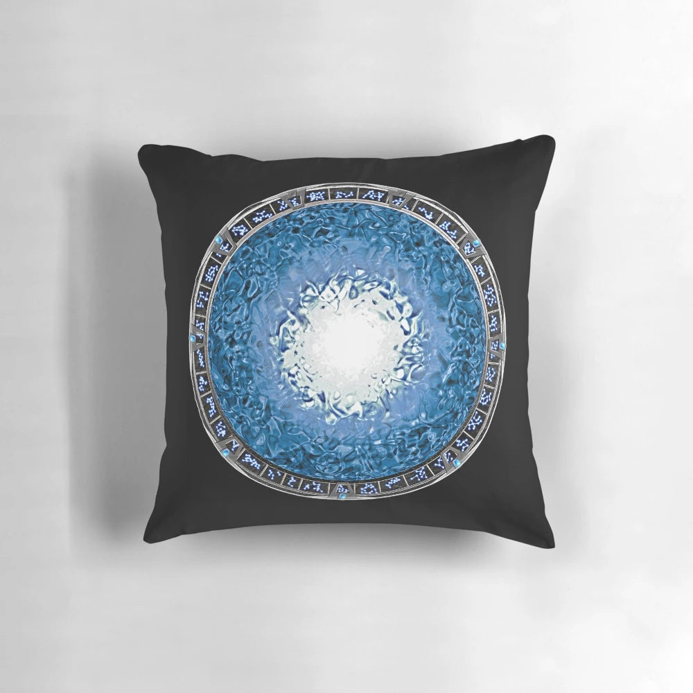 Pillow featuring a galactic "moongate" design, perfect for Stargate fans and space enthusiasts.