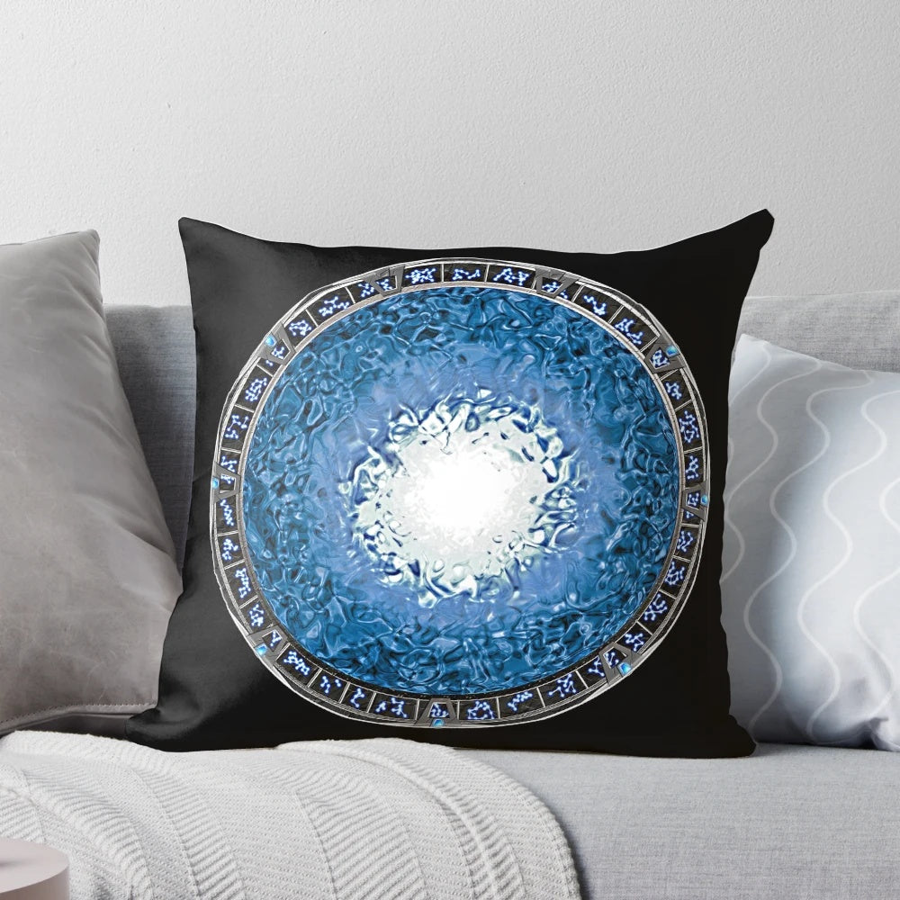 Pillow featuring a galactic "moongate" design, perfect for Stargate fans and space enthusiasts.