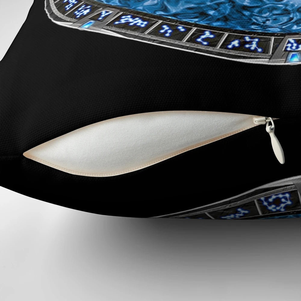 Pillow featuring a galactic "moongate" design, perfect for Stargate fans and space enthusiasts.