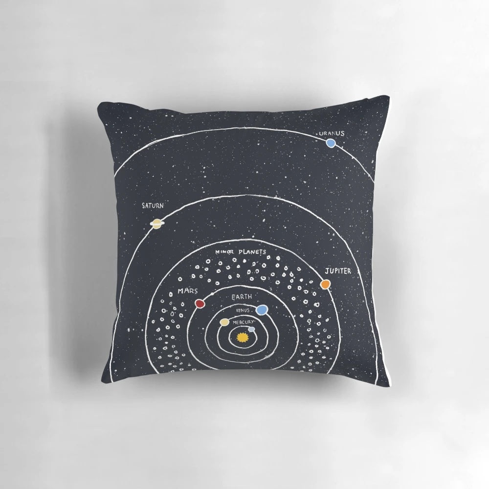 Vibrant solar system diagram printed on a plush pillow