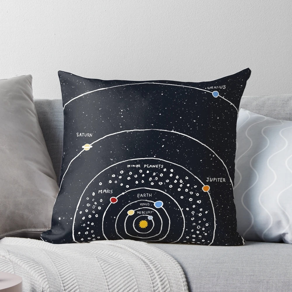 Vibrant solar system diagram printed on a plush pillow