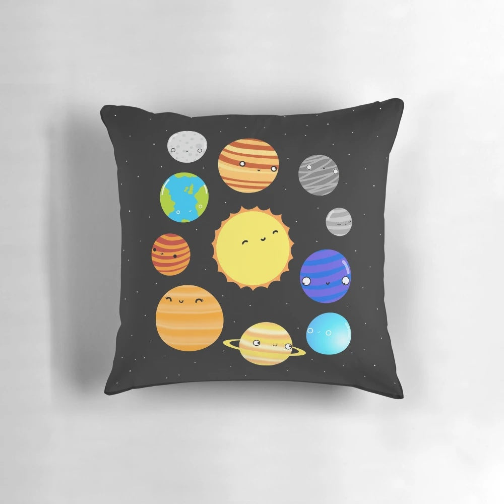 A colorful and whimsical pillow featuring illustrations of the planets in the solar system.