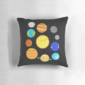 A colorful and whimsical pillow featuring illustrations of the planets in the solar system.