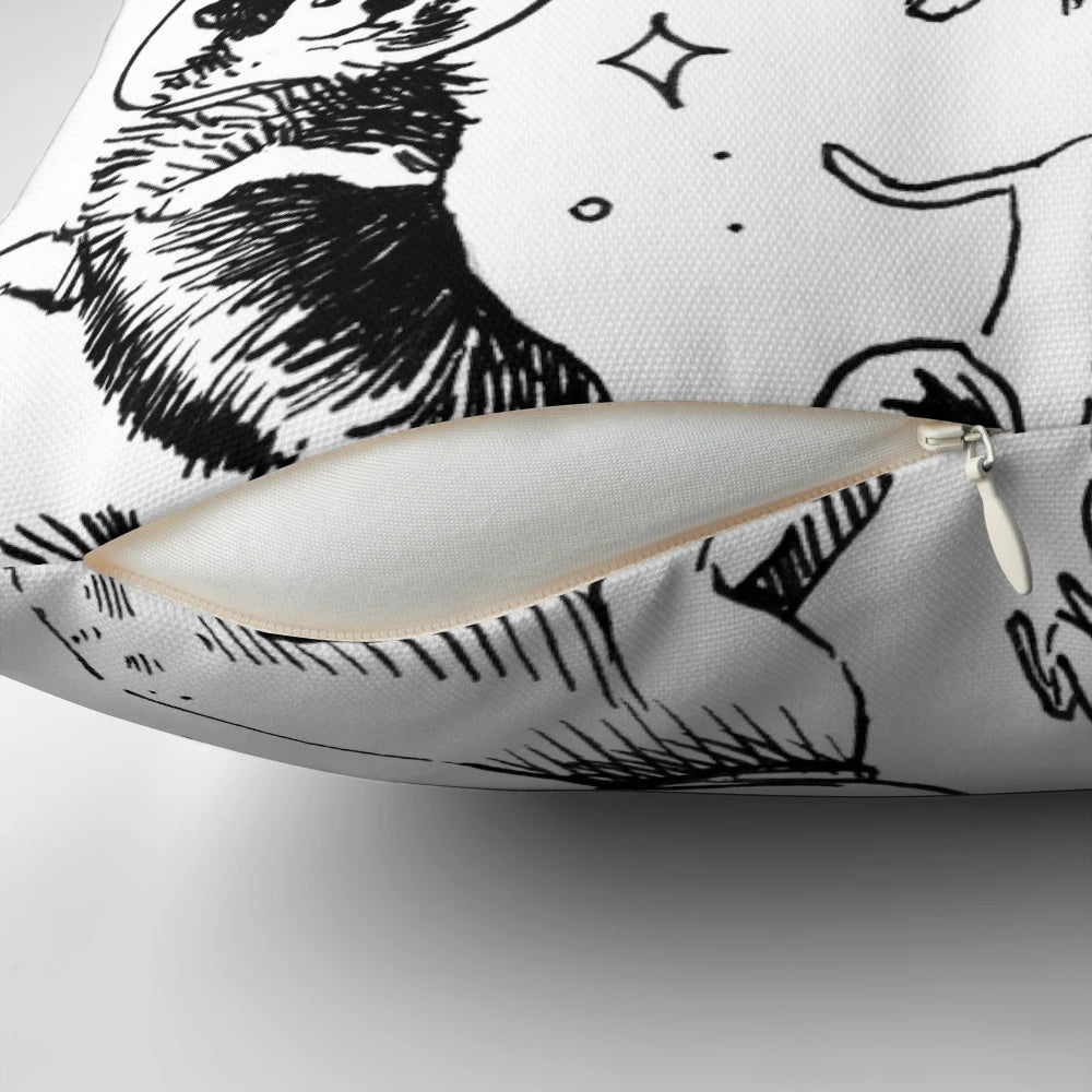 Pillow featuring a whimsical pattern of dogs exploring space, astronauts, and the galaxy.