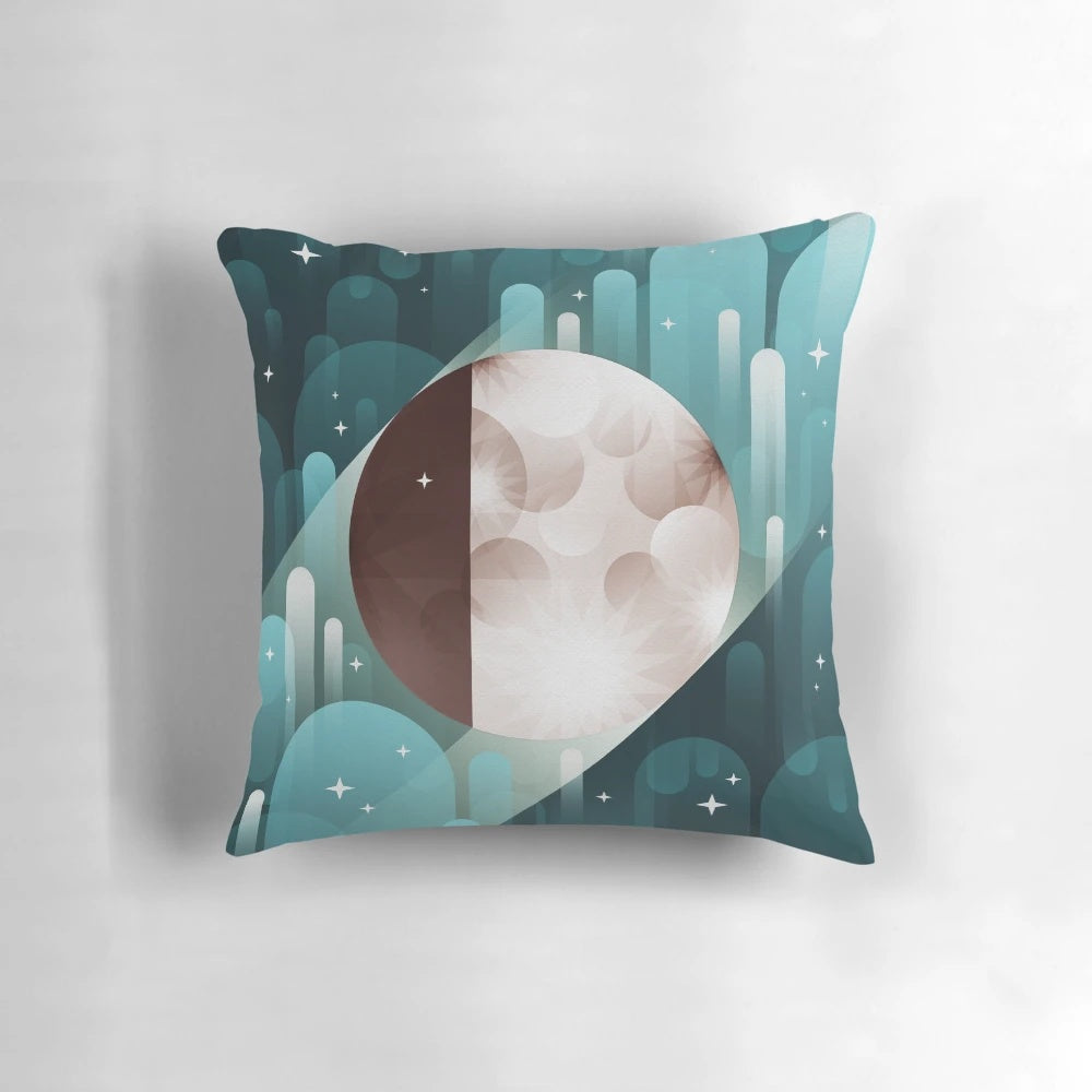 Fly me to the Moon Pillow with a geometric, vector-style design featuring the moon, stars, and night sky.