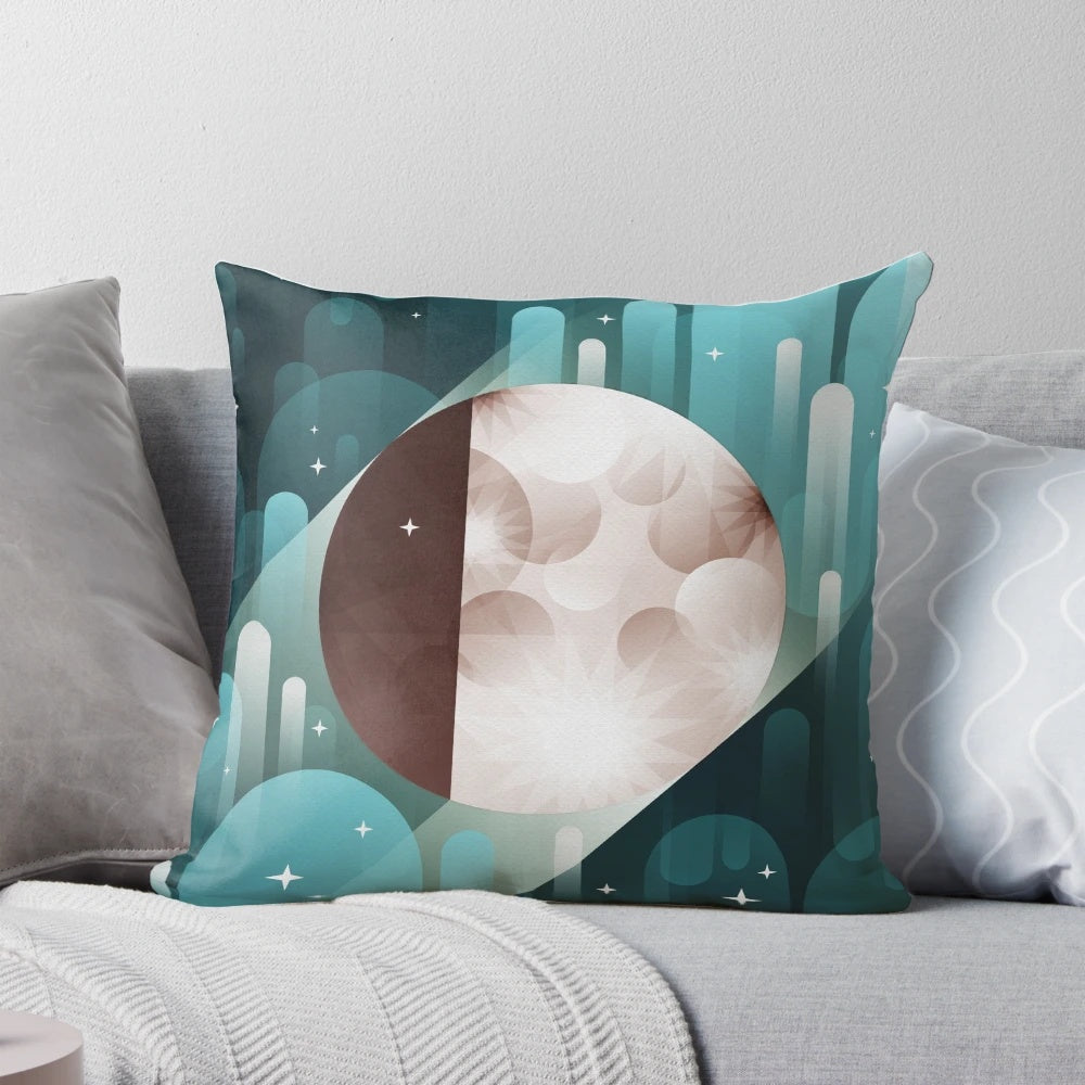 Fly me to the Moon Pillow with a geometric, vector-style design featuring the moon, stars, and night sky.