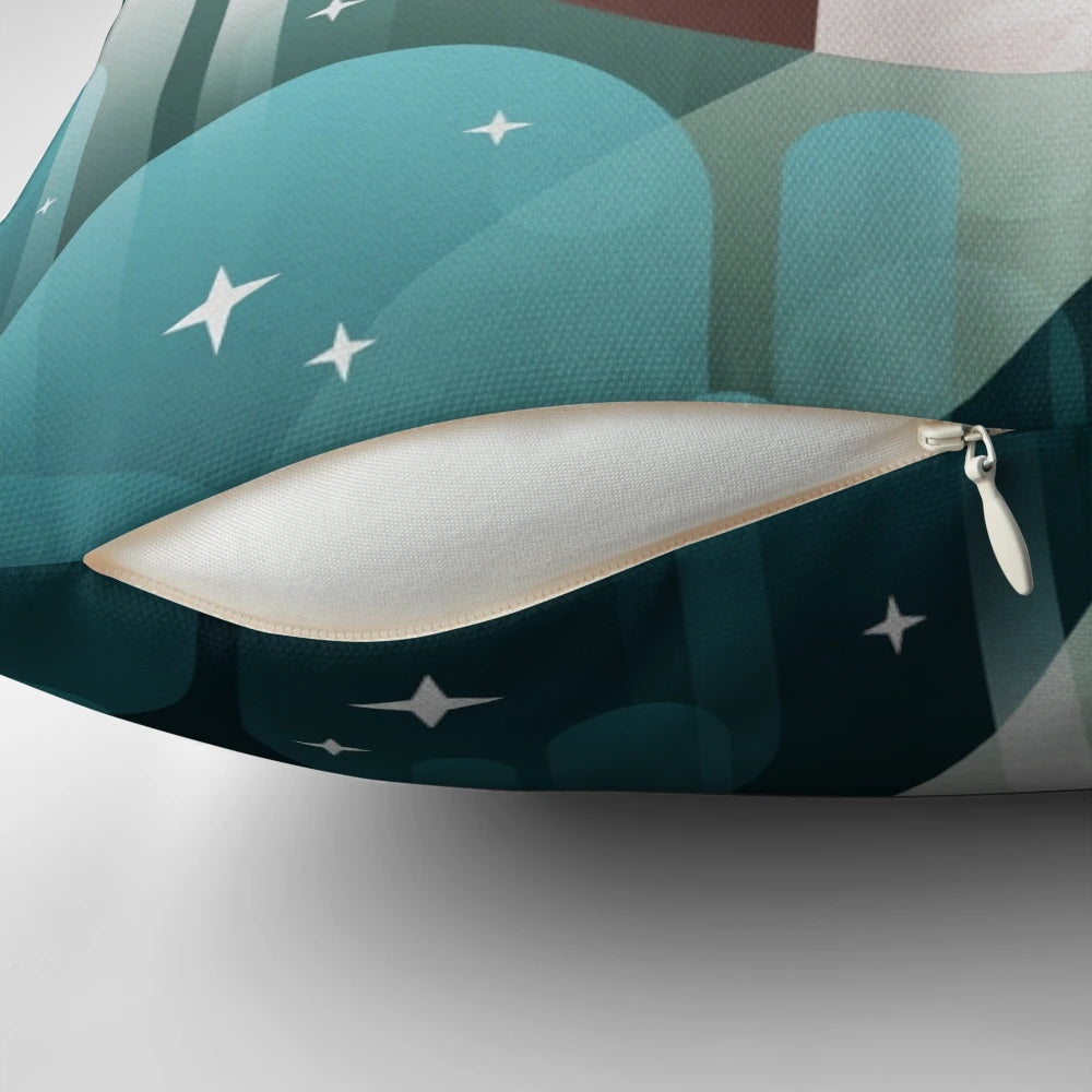 Fly me to the Moon Pillow with a geometric, vector-style design featuring the moon, stars, and night sky.