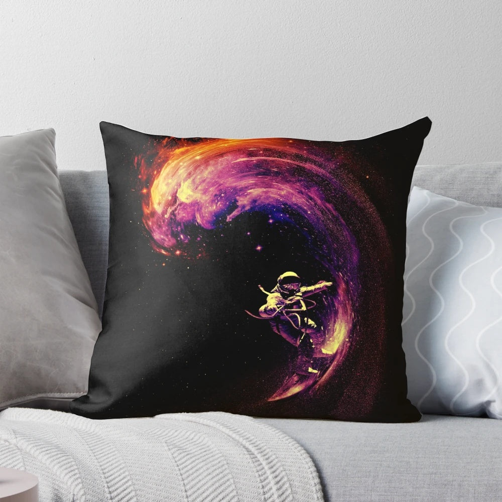 Space surfing pillow with a colorful cosmic design featuring stars, galaxies, and waves